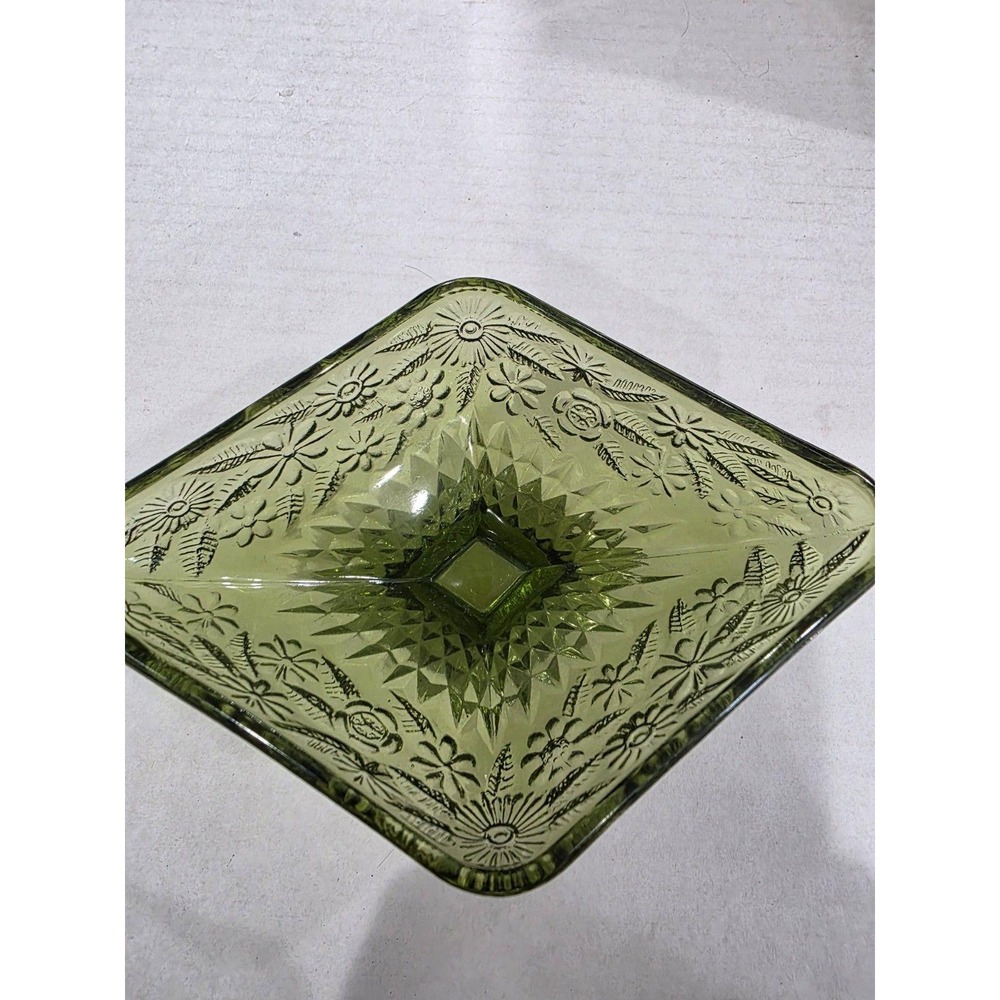 Vintage Indiana Glass Floral Green Diamond Candy Dish